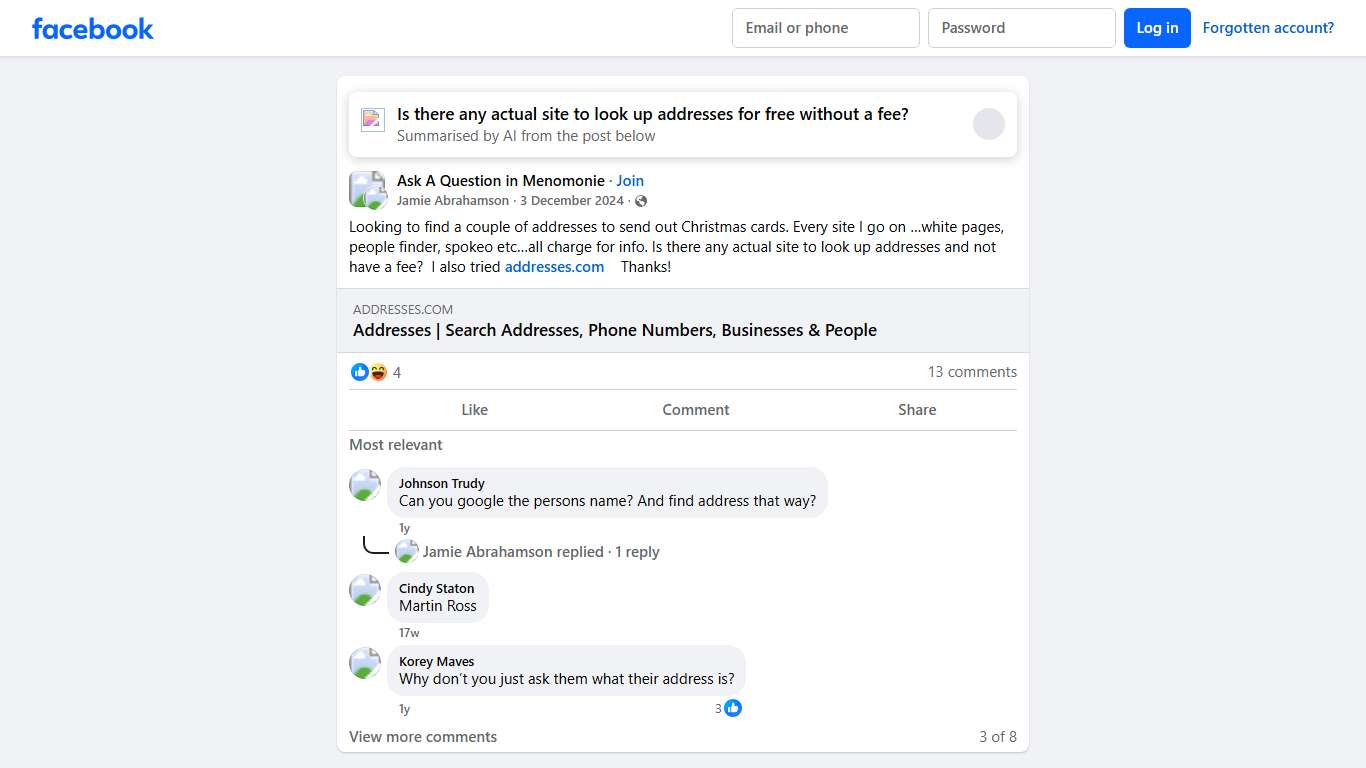 Ask A Question in Menomonie | Looking to find a couple of addresses to send out Christmas cards | Facebook